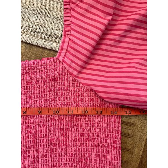 Draper James Deana Smocked Stripe Poplin Midi Dress Medium Pink Modest Milkmaid - Picture 12 of 13